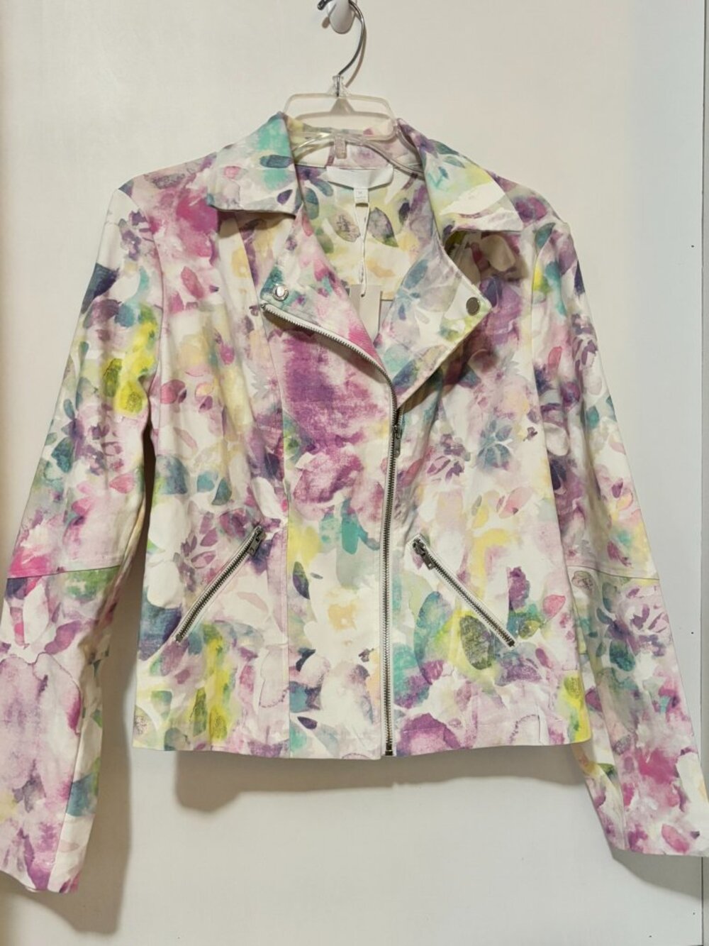 Adyson Parker Spring Lilac Floral Print Asymmetrical Moto Jacket M